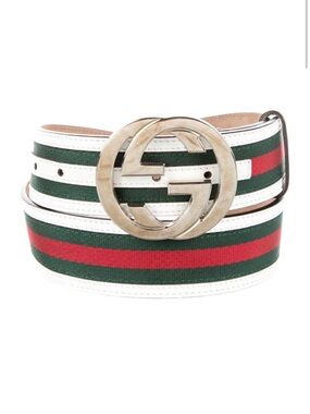 Gucci White Leather Belt with Green and Red Web Stripe and Double G Buckle